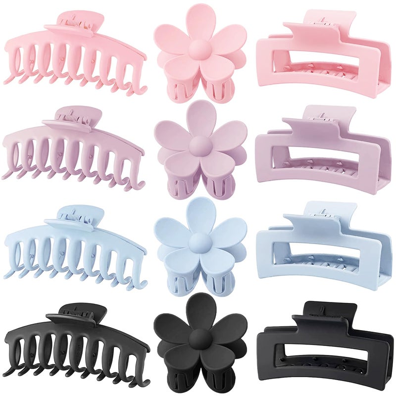 JANFUN Large Hair Claw Clips 12 Pack, Flower Hair Clips for Thin Hair, Big Square Matte Strong hold for Thick Hair, 3 Styles Hair Clips for Women Thick Hair - Image 1